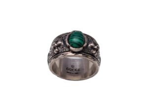 Gucci Silver Steel Unisex Gucci Signature Encrusted Ring with Green Stone