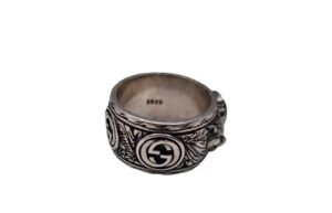 Gucci Silver Steel Unisex Gucci Signature Encrusted Ring with Green Stone - Image 3