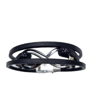 Black leather with stainless Steel Unisex Bracelet-1